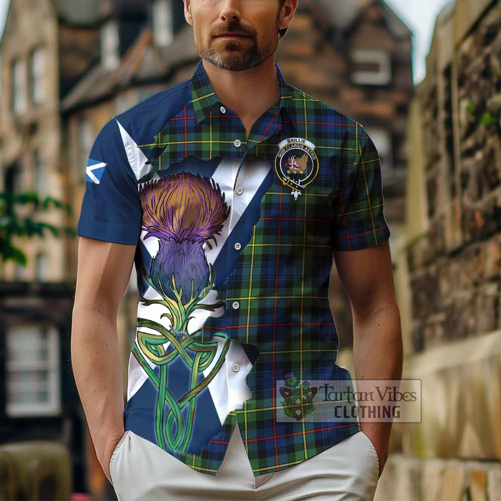 Tartan Vibes Clothing Baillie (Bailey) Tartan Family Crest Short Sleeve Button Shirt Scottish Thistle Celtic Inspired