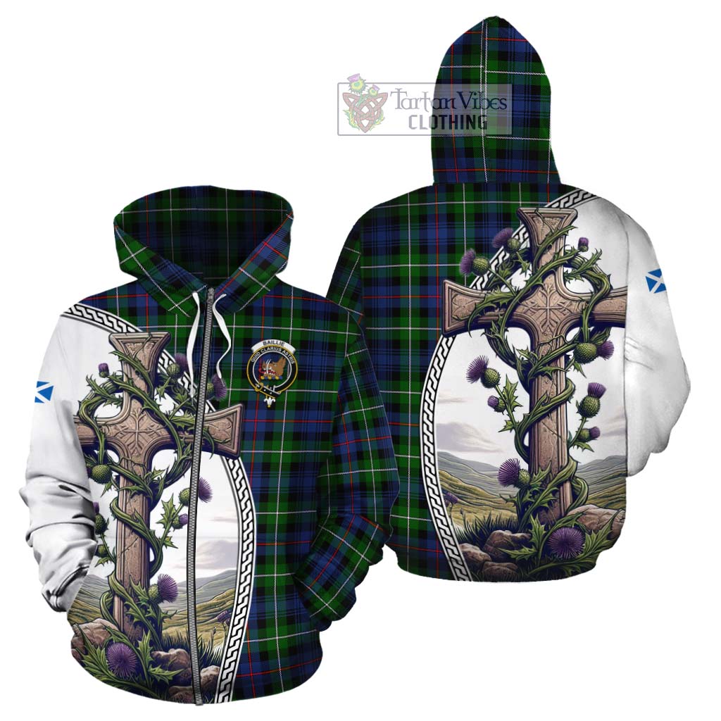 Tartan Vibes Clothing Baillie (Bailey) Tartan Cotton Hoodie with Family Crest and St. Andrew's Cross Accented by Thistle Vines