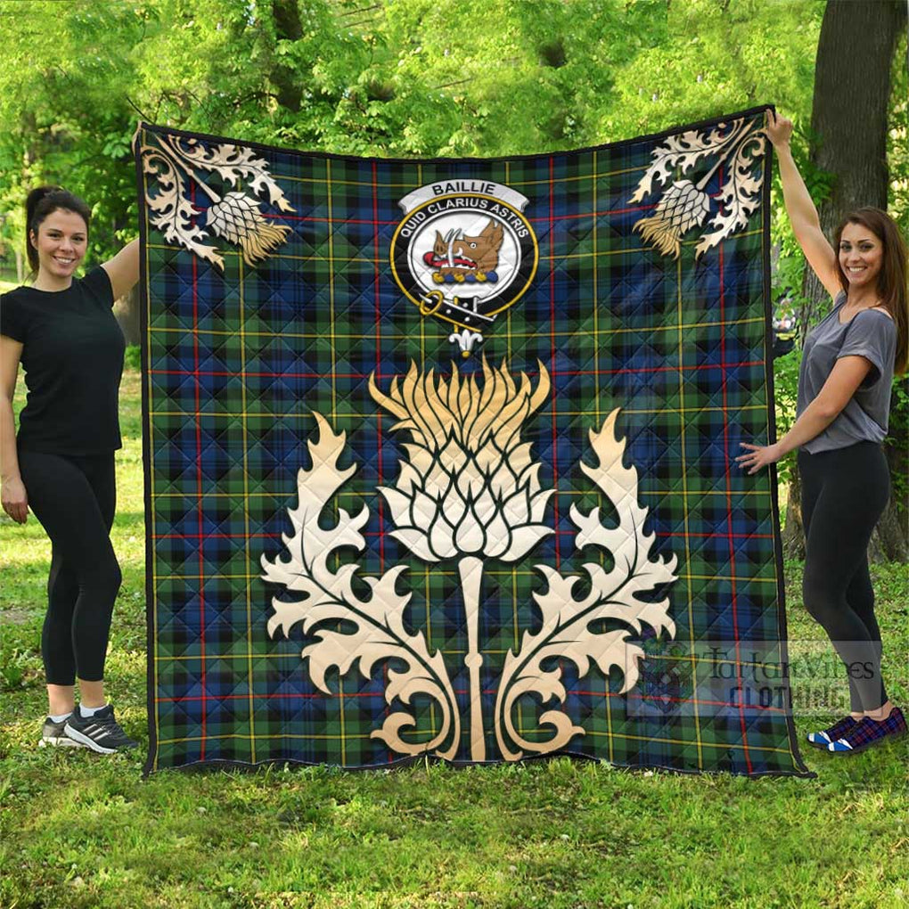 Tartan Vibes Clothing Baillie (Bailey) Tartan Quilt with Family Crest and Golden Thistle Style