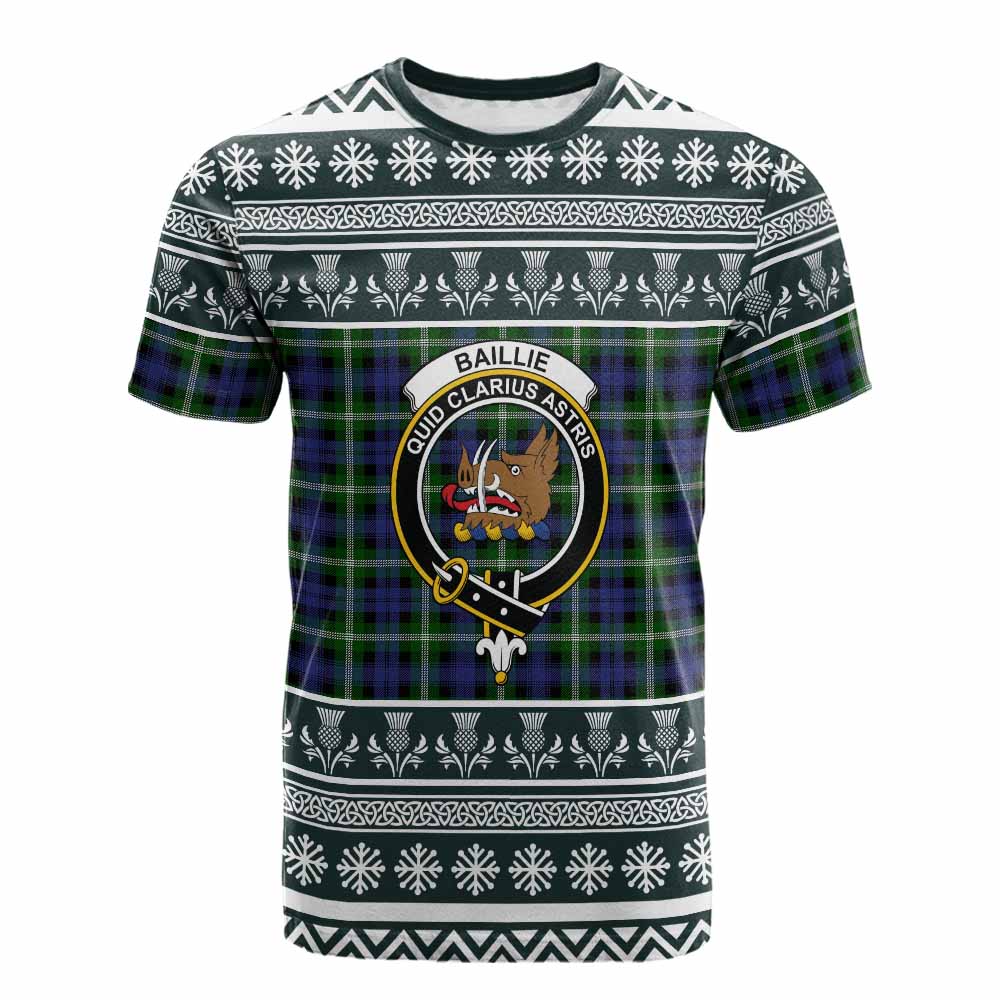 Baillie (Bailey) Clan Tartan Christmas Cotton T-shirt with Family Crest - Tartan Vibes Clothing