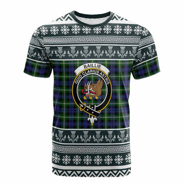 Baillie (Bailey) Clan Tartan Christmas Cotton T-shirt with Family Crest
