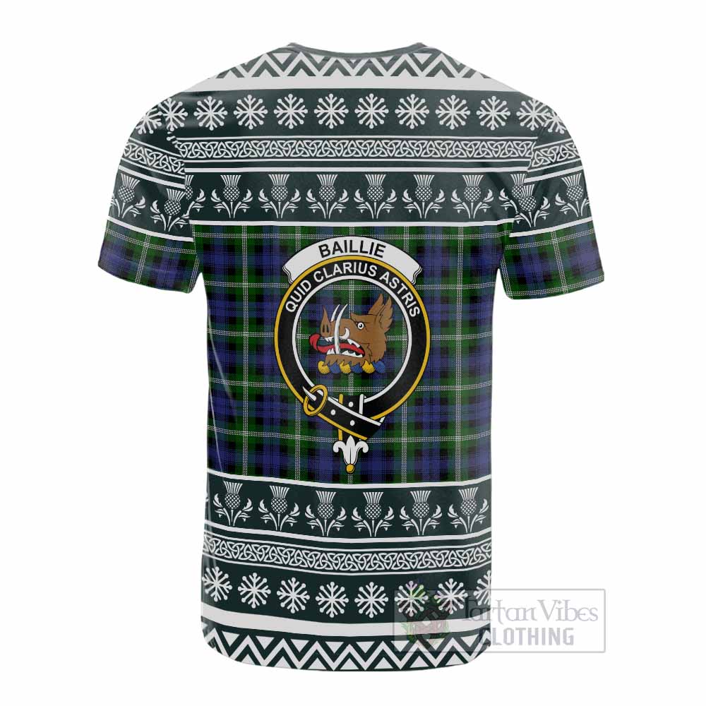 Baillie (Bailey) Clan Tartan Christmas Cotton T-shirt with Family Crest - Tartan Vibes Clothing