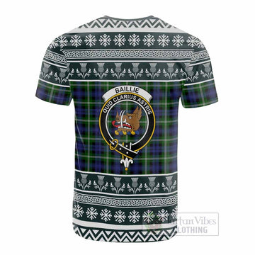 Baillie (Bailey) Clan Tartan Christmas Cotton T-shirt with Family Crest