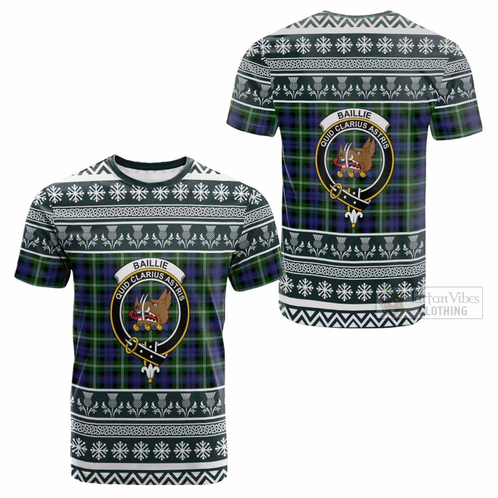 Baillie (Bailey) Clan Tartan Christmas Cotton T-shirt with Family Crest - Tartan Vibes Clothing