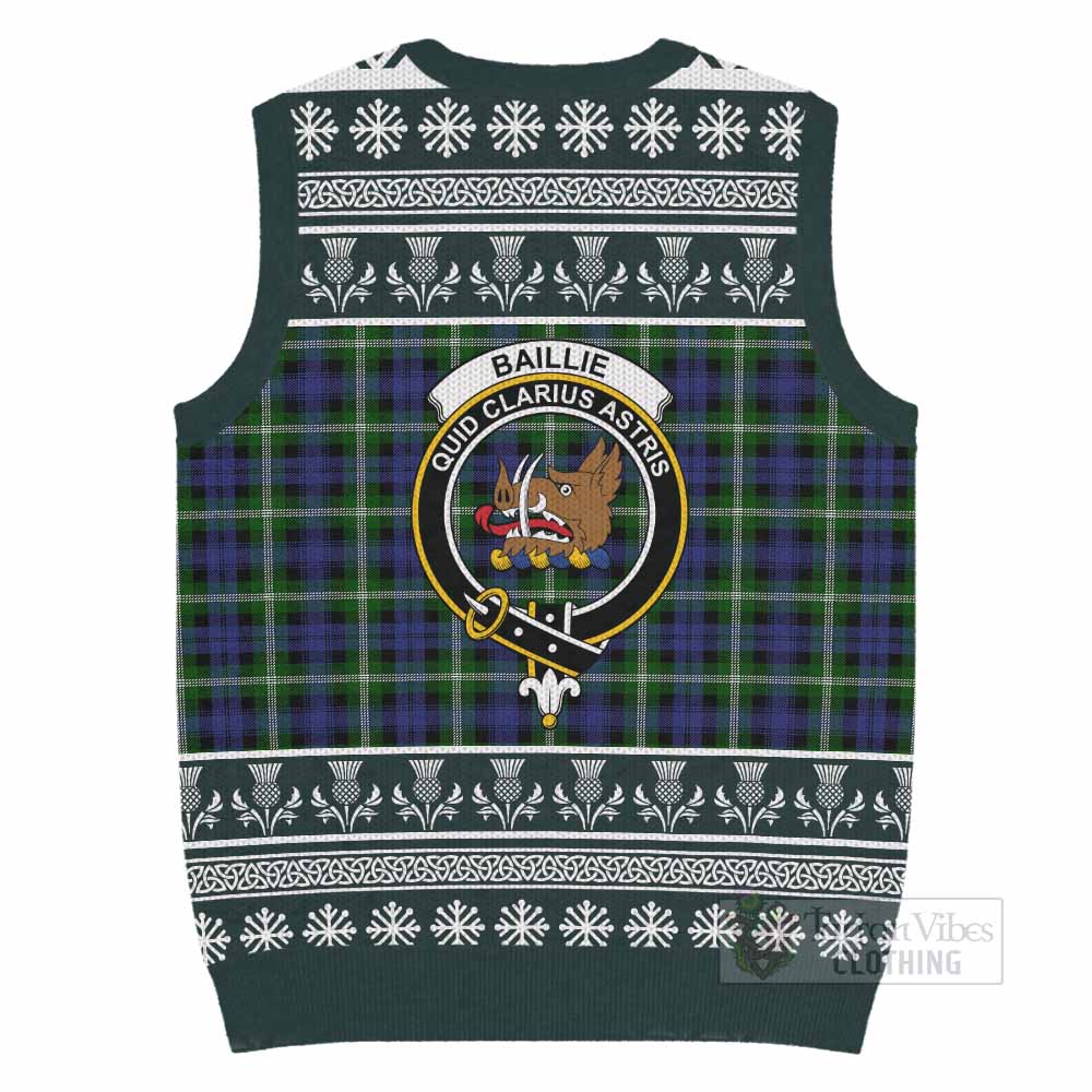 Baillie (Bailey) Clan Tartan Christmas Knitted V-Neck Vest with Family Crest - Tartan Vibes Clothing