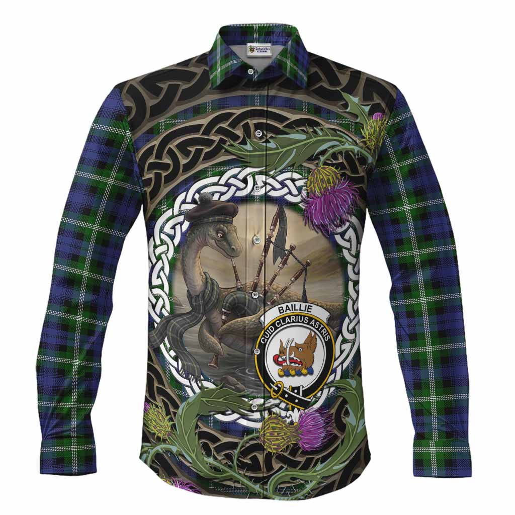 Baillie (Bailey) Tartan Crest Bagpipe Nessie Long Sleeve Button Shirts Scottish Loch Ness Monster Celtic Thistle