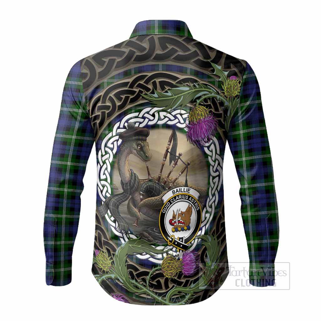 Baillie (Bailey) Tartan Crest Bagpipe Nessie Long Sleeve Button Shirts Scottish Loch Ness Monster Celtic Thistle