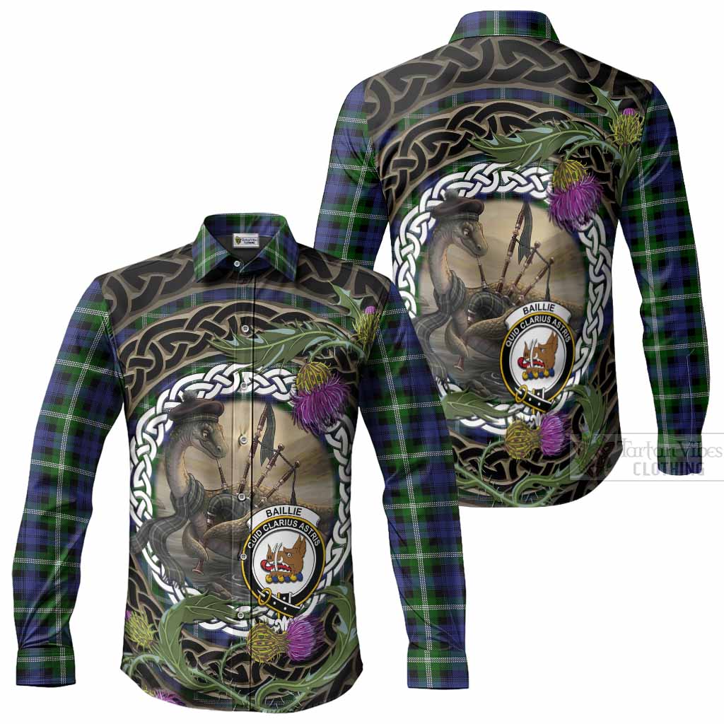 Baillie (Bailey) Tartan Crest Bagpipe Nessie Long Sleeve Button Shirts Scottish Loch Ness Monster Celtic Thistle
