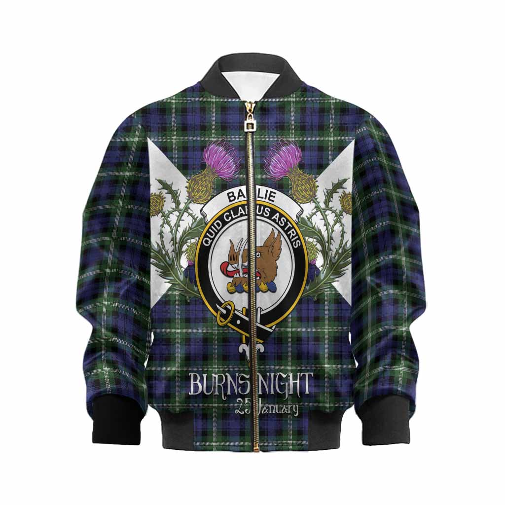 Baillie (Bailey) Tartan Family Crest Kid Bomber Jacket Scottish Burns Night Thistle Floral