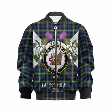 Baillie (Bailey) Tartan Family Crest Kid Bomber Jacket Scottish Burns Night Thistle Floral