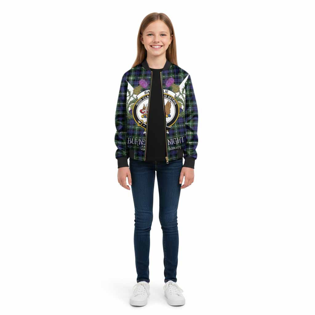 Baillie (Bailey) Tartan Family Crest Kid Bomber Jacket Scottish Burns Night Thistle Floral