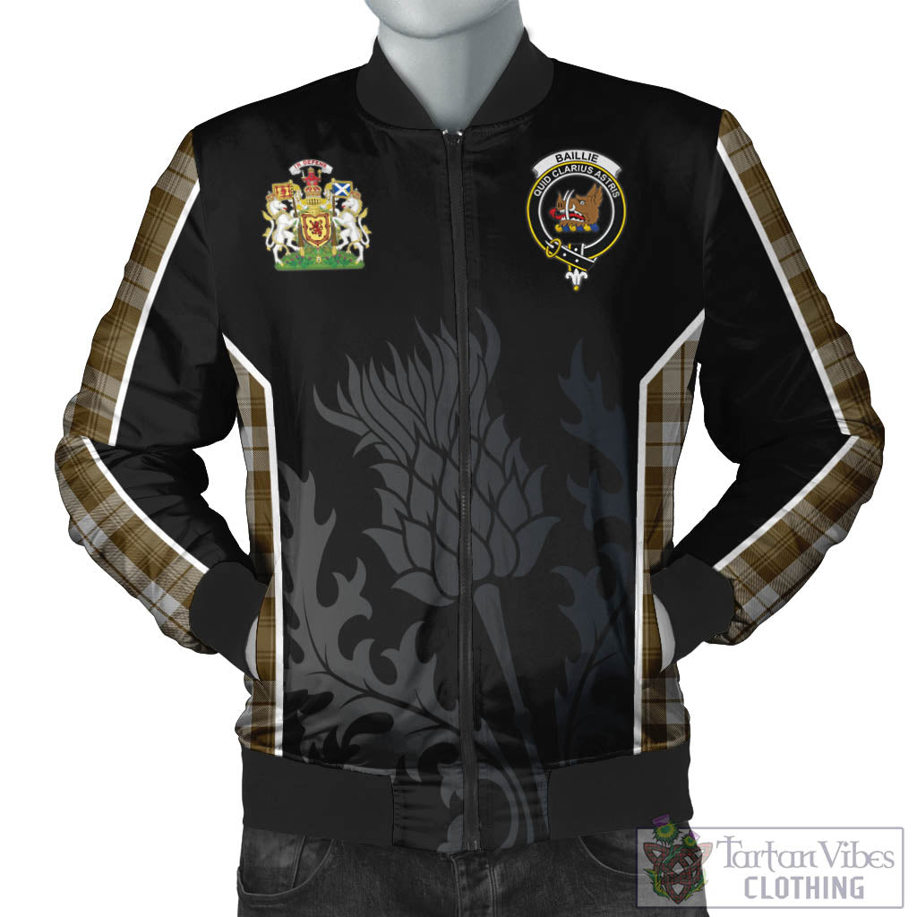 Tartan Vibes Clothing Baillie Dress Tartan Bomber Jacket with Family Crest and Scottish Thistle Vibes Sport Style
