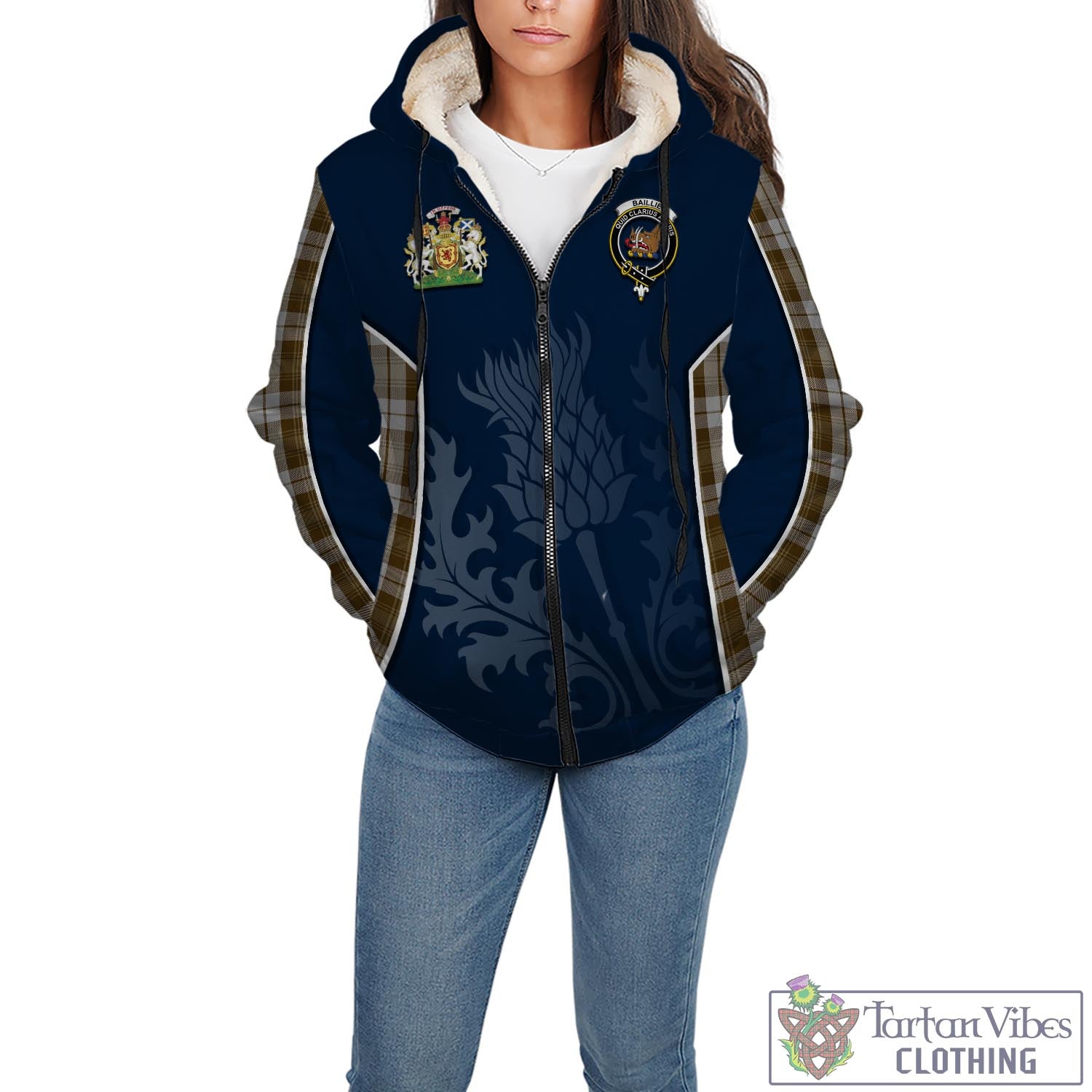 Tartan Vibes Clothing Baillie Dress Tartan Sherpa Hoodie with Family Crest and Scottish Thistle Vibes Sport Style