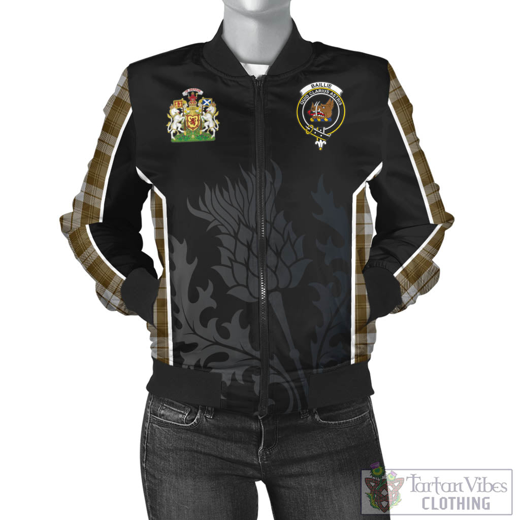 Tartan Vibes Clothing Baillie Dress Tartan Bomber Jacket with Family Crest and Scottish Thistle Vibes Sport Style