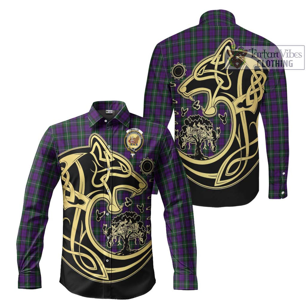 Baillie Highland Society Tartan Long Sleeve Button Shirt with Family Crest Celtic Wolf Style Men's Shirt S - Tartan Vibes Clothing
