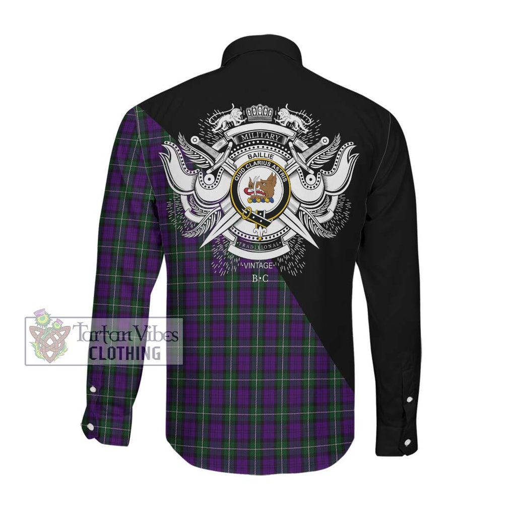 Baillie Highland Society Tartan Long Sleeve Button Shirt with Family Crest and Military Logo Style Men's Shirt - Tartanvibesclothing Shop