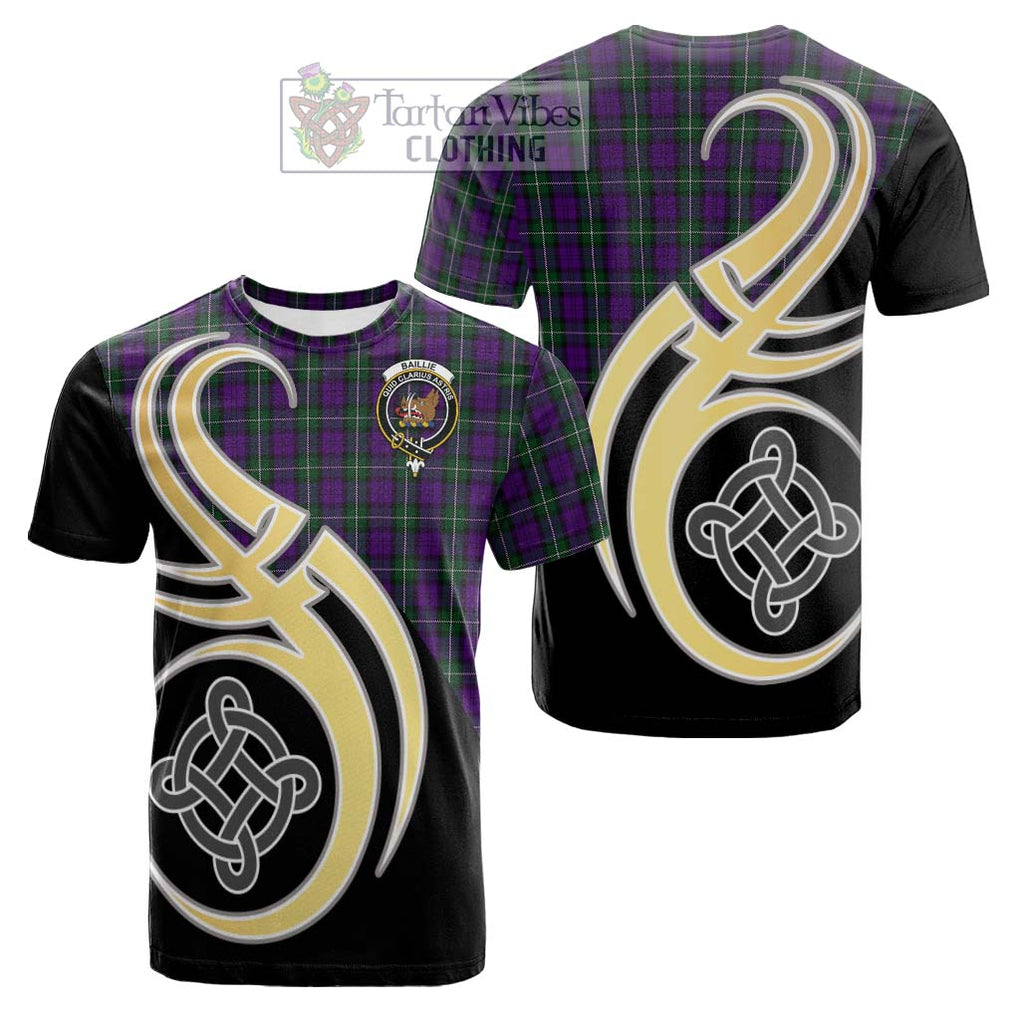 Tartan Vibes Clothing Baillie Highland Society Tartan Cotton T-shirt with Family Crest and Celtic Symbol Style