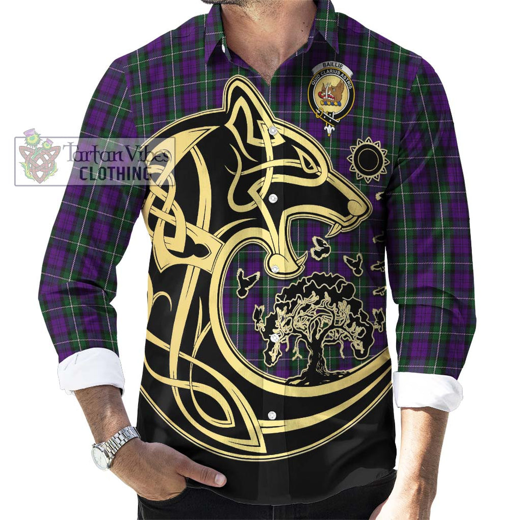 Baillie Highland Society Tartan Long Sleeve Button Shirt with Family Crest Celtic Wolf Style - Tartan Vibes Clothing