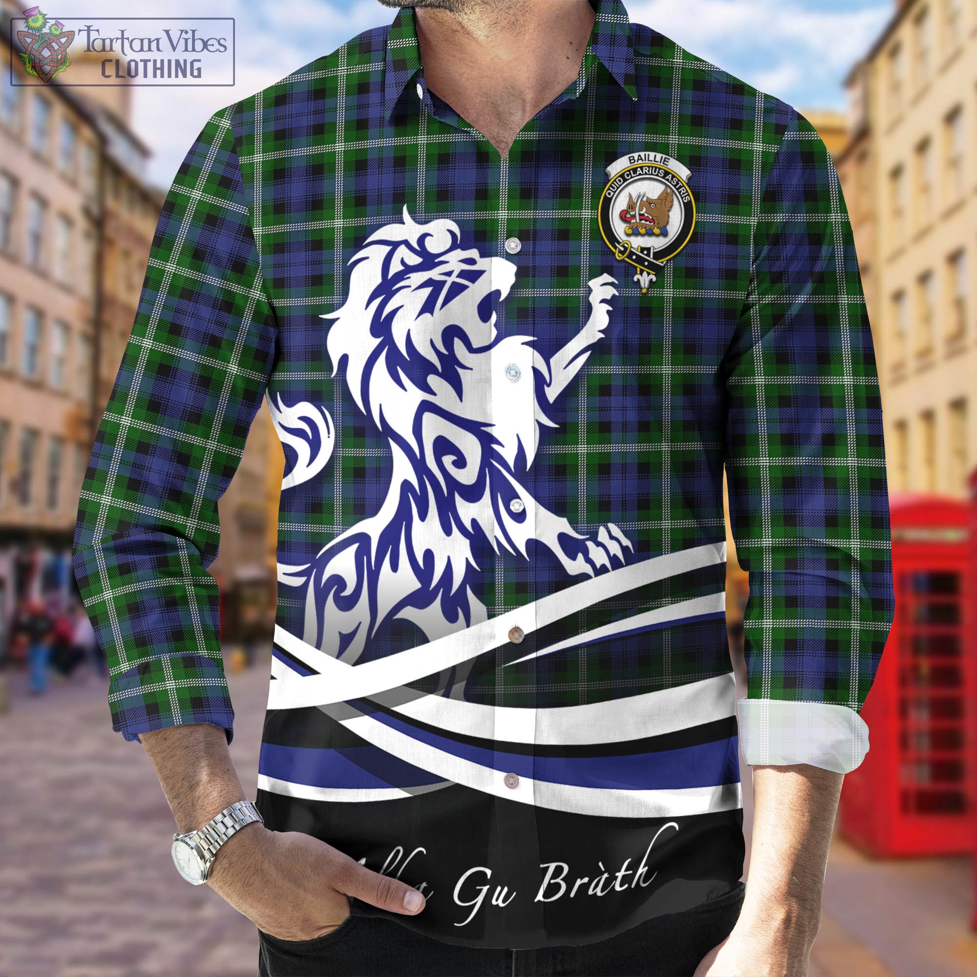 Baillie (Bailey) Tartan Long Sleeve Button Up Shirt with Alba Gu Brath Regal Lion Emblem Men's Shirt - Tartan Vibes Clothing