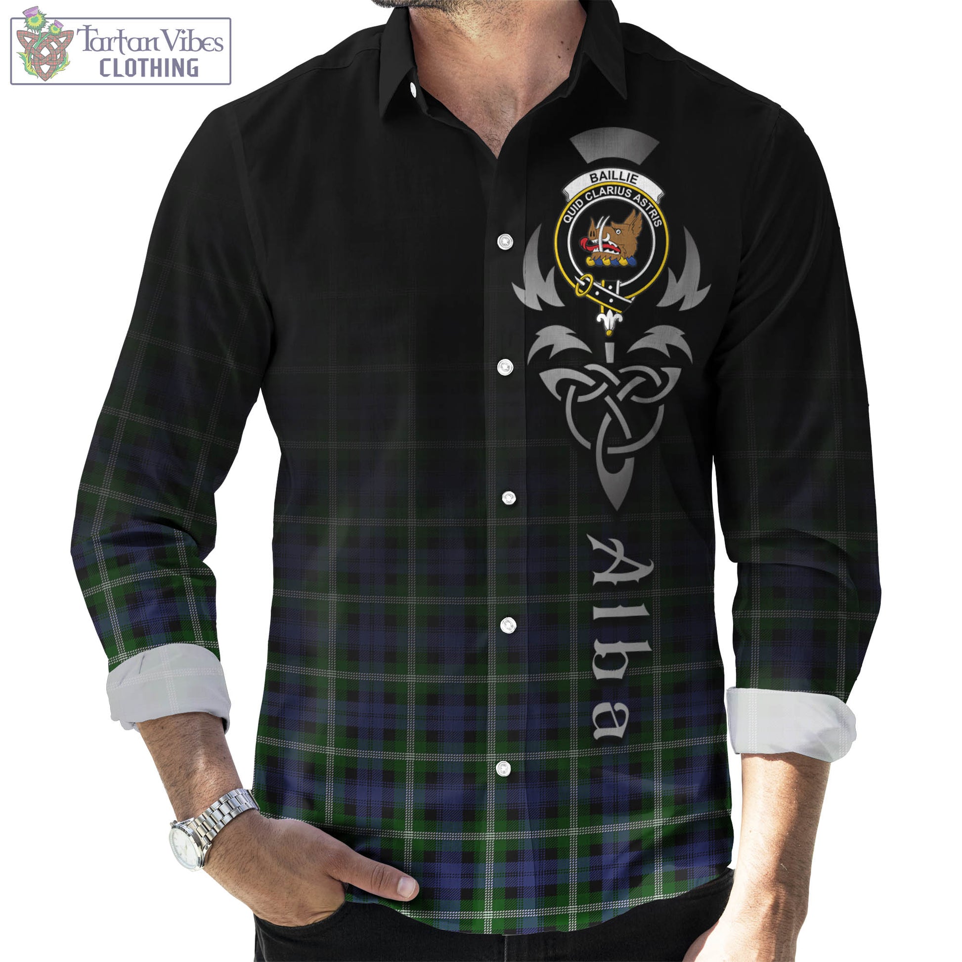 Tartan Vibes Clothing Baillie Modern Tartan Long Sleeve Button Up Featuring Alba Gu Brath Family Crest Celtic Inspired