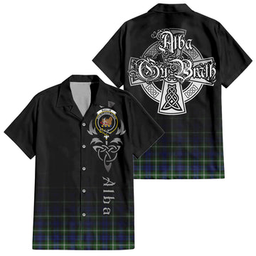 Tartan Vibes Clothing Baillie Modern Tartan Short Sleeve Button Up Featuring Alba Gu Brath Family Crest Celtic Inspired