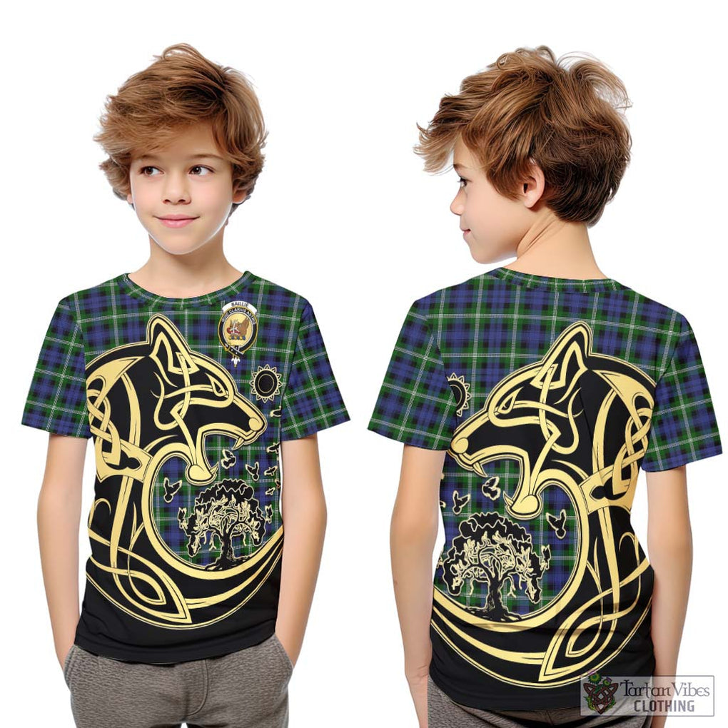 Baillie (Bailey) Tartan Kid T-Shirt with Family Crest Celtic Wolf Style Youth XL Size14 - Tartan Vibes Clothing