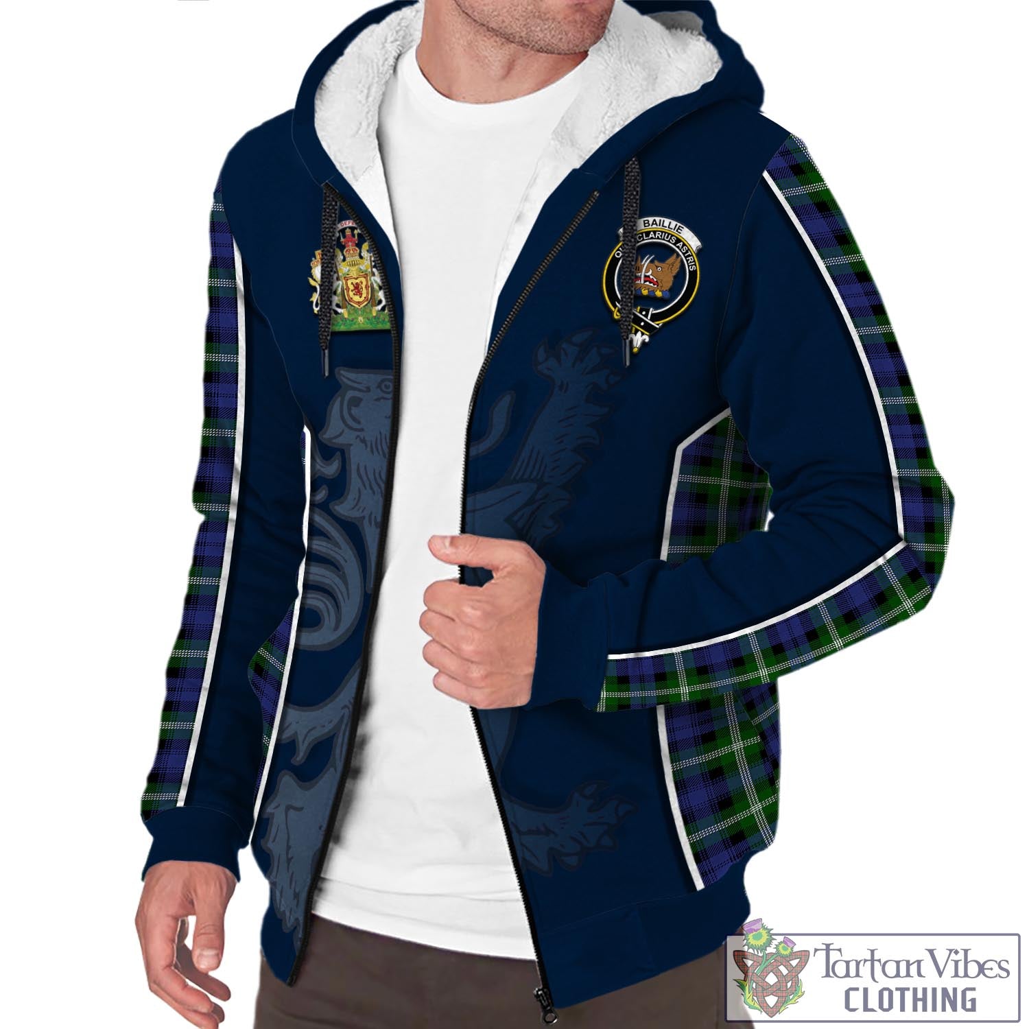 Tartan Vibes Clothing Baillie Modern Tartan Sherpa Hoodie with Family Crest and Lion Rampant Vibes Sport Style