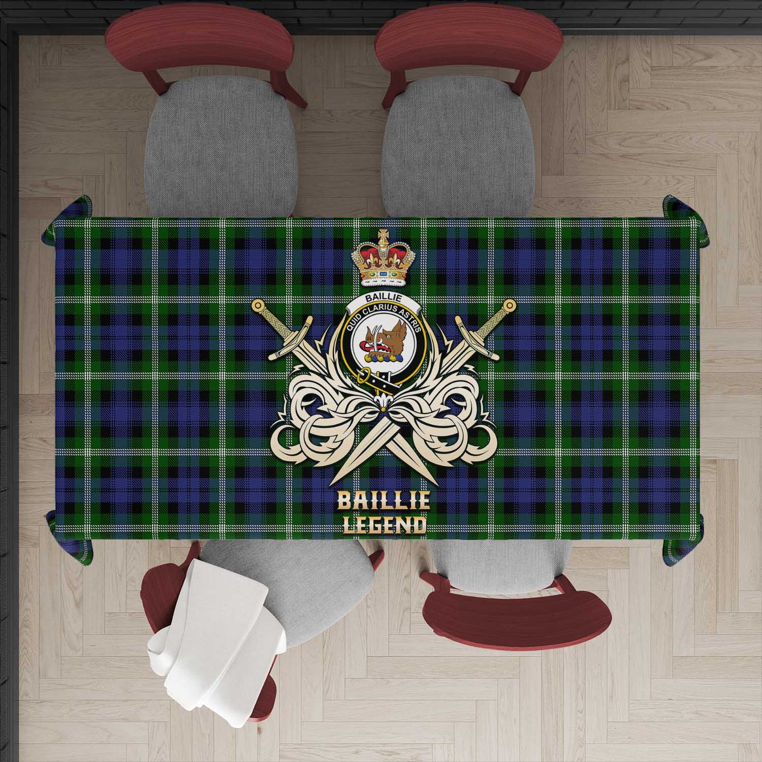 Tartan Vibes Clothing Baillie Modern Tartan Tablecloth with Clan Crest and the Golden Sword of Courageous Legacy