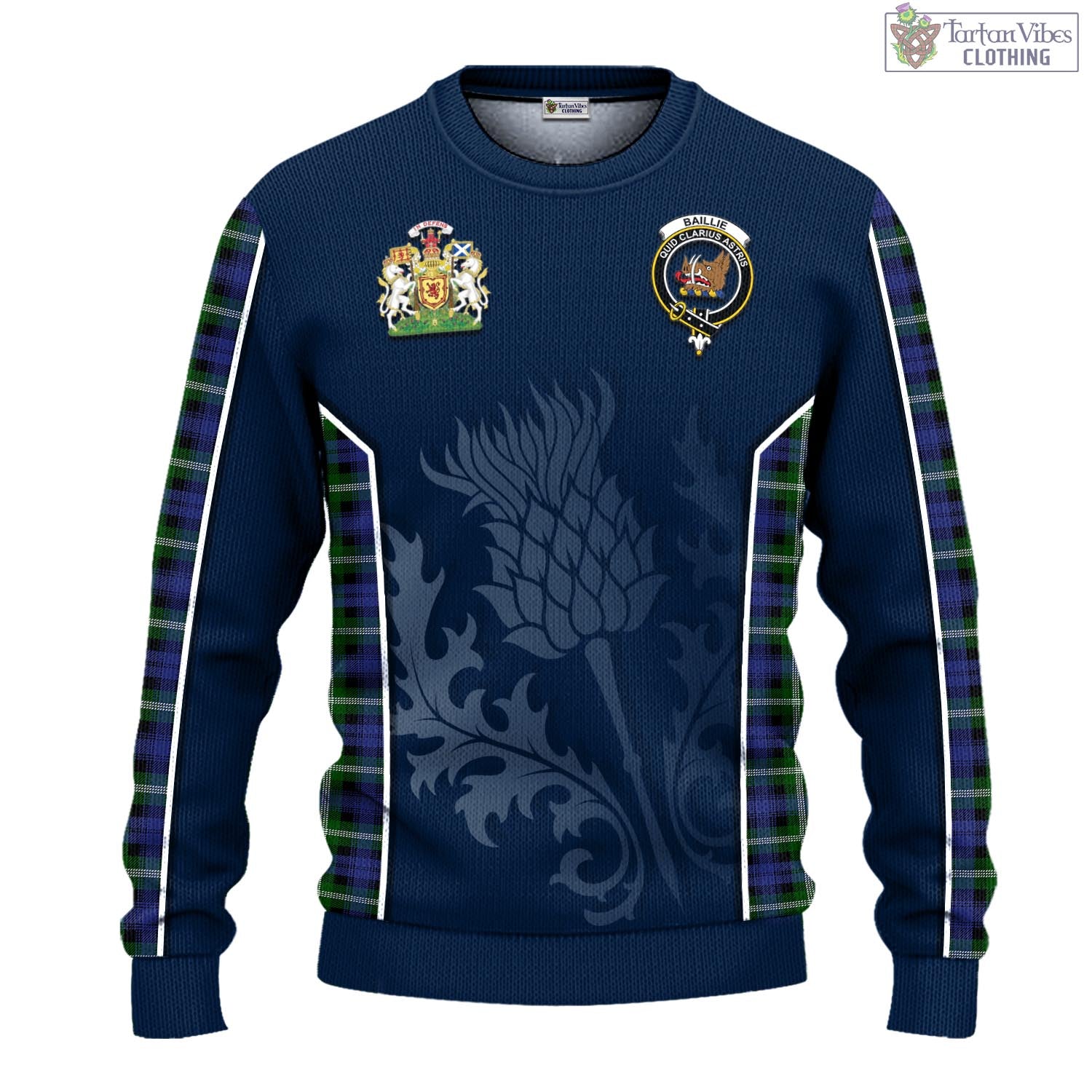 Baillie (Bailey) Tartan Knitted Sweatshirt with Family Crest and Scottish Thistle Vibes Sport Style - Tartan Vibes Clothing