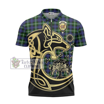 Baillie (Bailey) Tartan Zipper Polo Shirt with Family Crest Celtic Wolf Style - Tartan Vibes Clothing