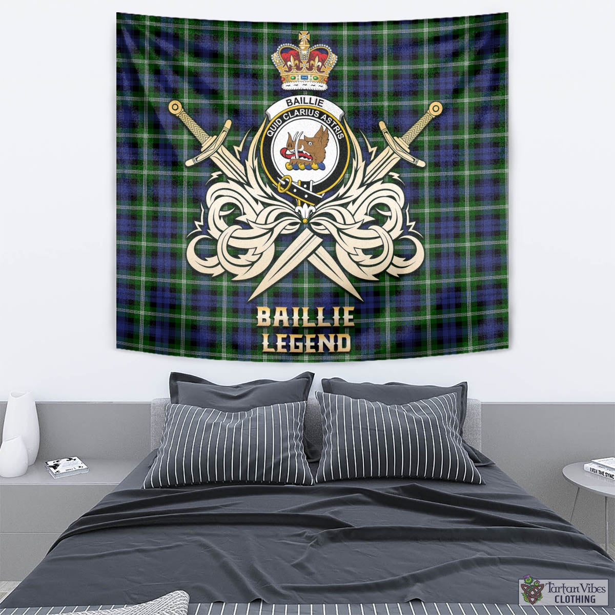 Tartan Vibes Clothing Baillie Modern Tartan Tapestry with Clan Crest and the Golden Sword of Courageous Legacy