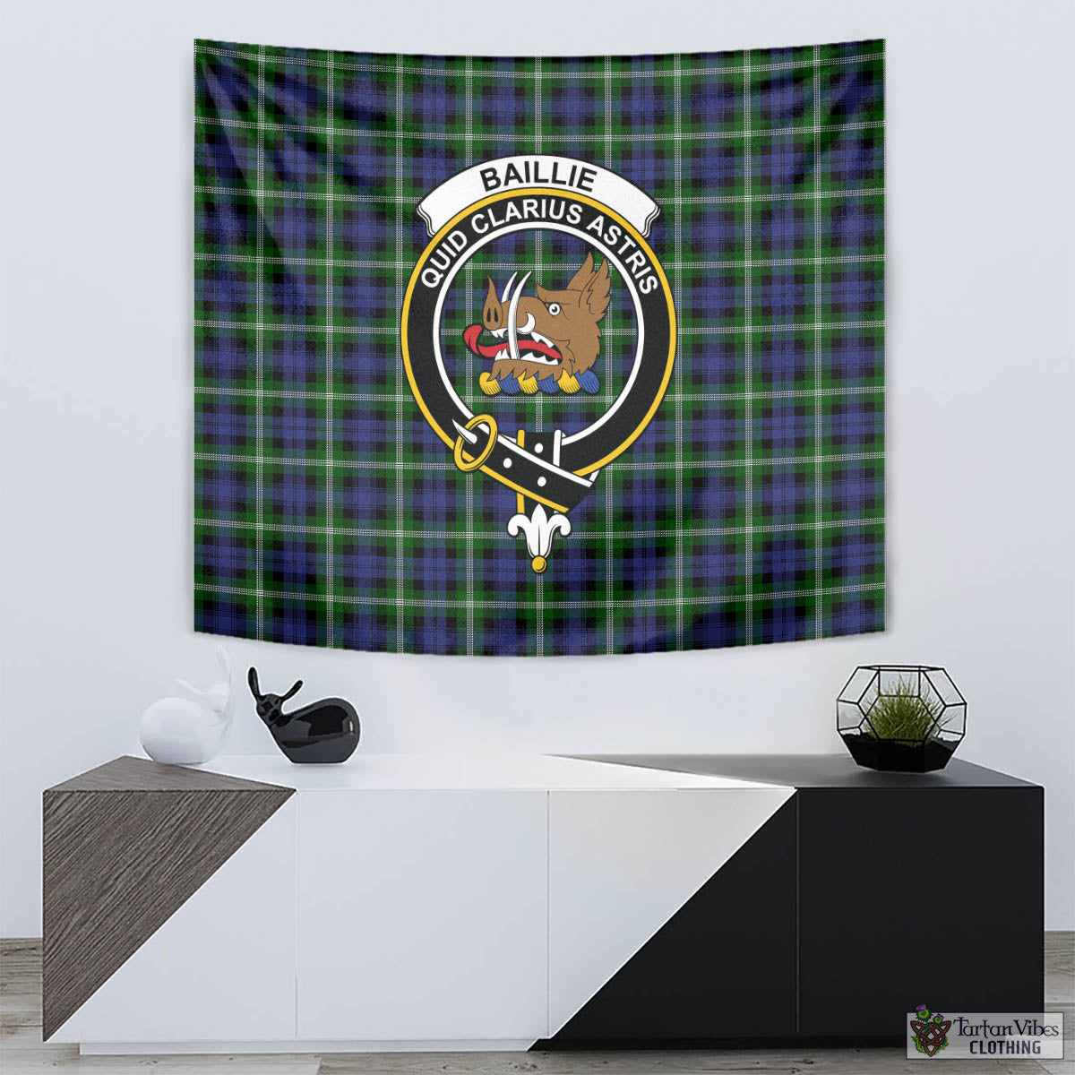 Tartan Vibes Clothing Baillie Modern Tartan Tapestry Wall Hanging and Home Decor for Room with Family Crest