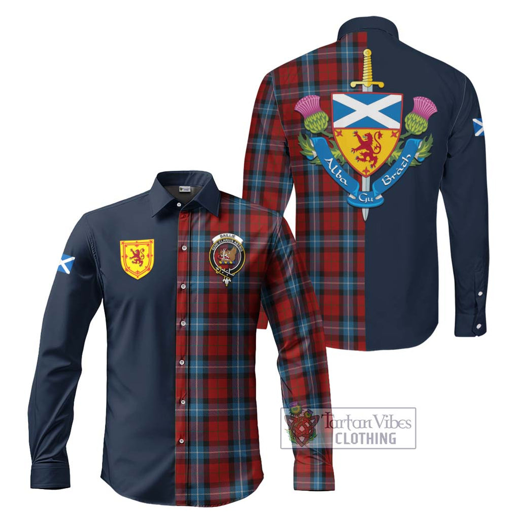 Tartan Vibes Clothing Baillie of Polkemmet Red Tartan Long Sleeve Button Shirt with Scottish Lion Royal Arm Half Style