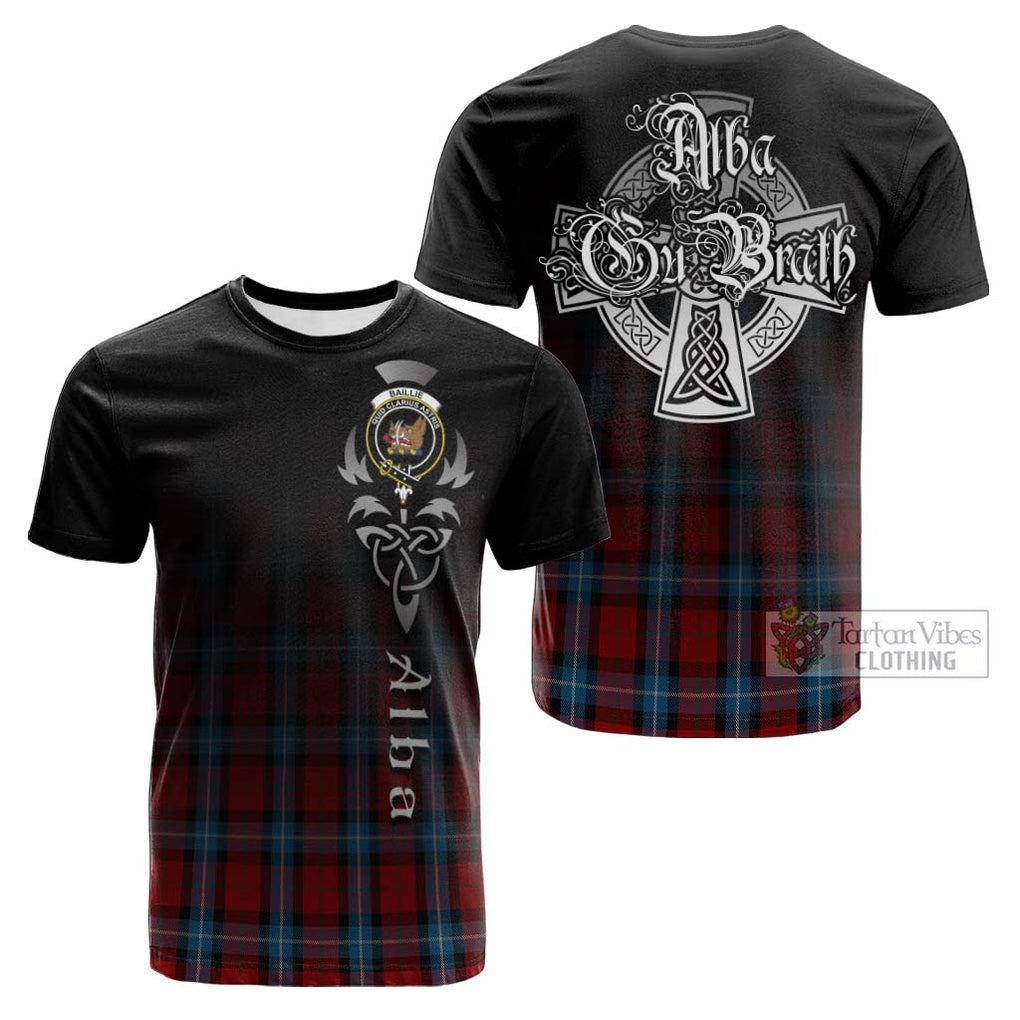 Tartan Vibes Clothing Baillie of Polkemmet Red Tartan Cotton T-shirt Featuring Alba Gu Brath Family Crest Celtic Inspired
