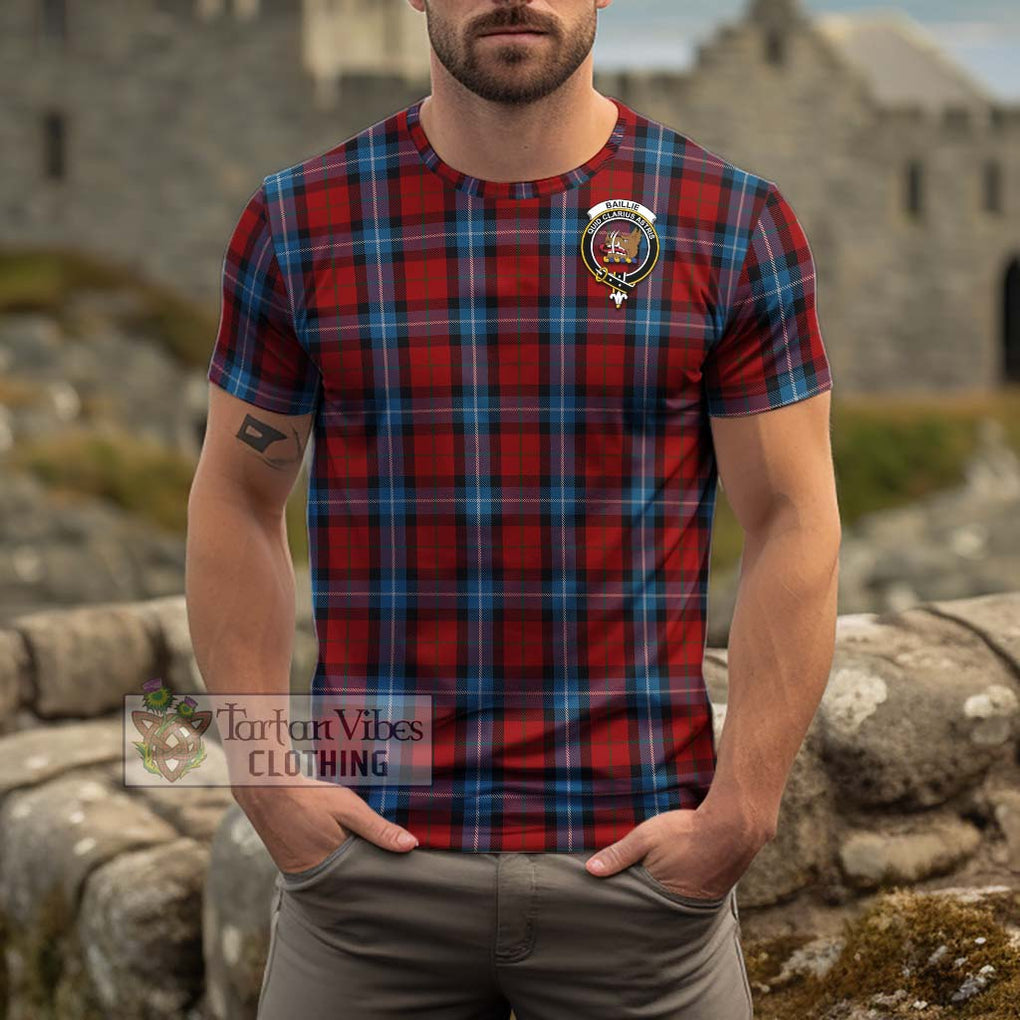 Baillie of Polkemmet Red Tartan Cotton T-Shirt with Family Crest Men's Shirt - Tartanvibesclothing Shop