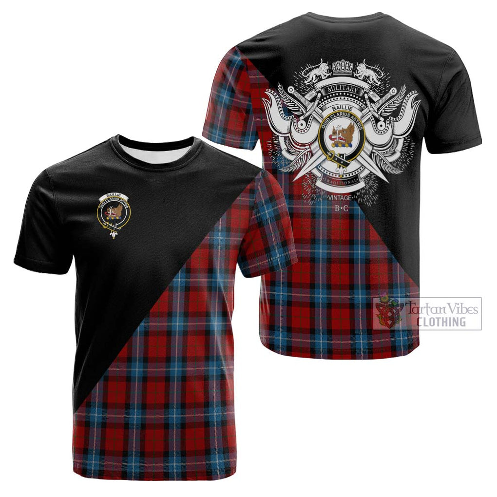 Tartan Vibes Clothing Baillie of Polkemmet Red Tartan Cotton T-shirt with Family Crest and Military Logo Style