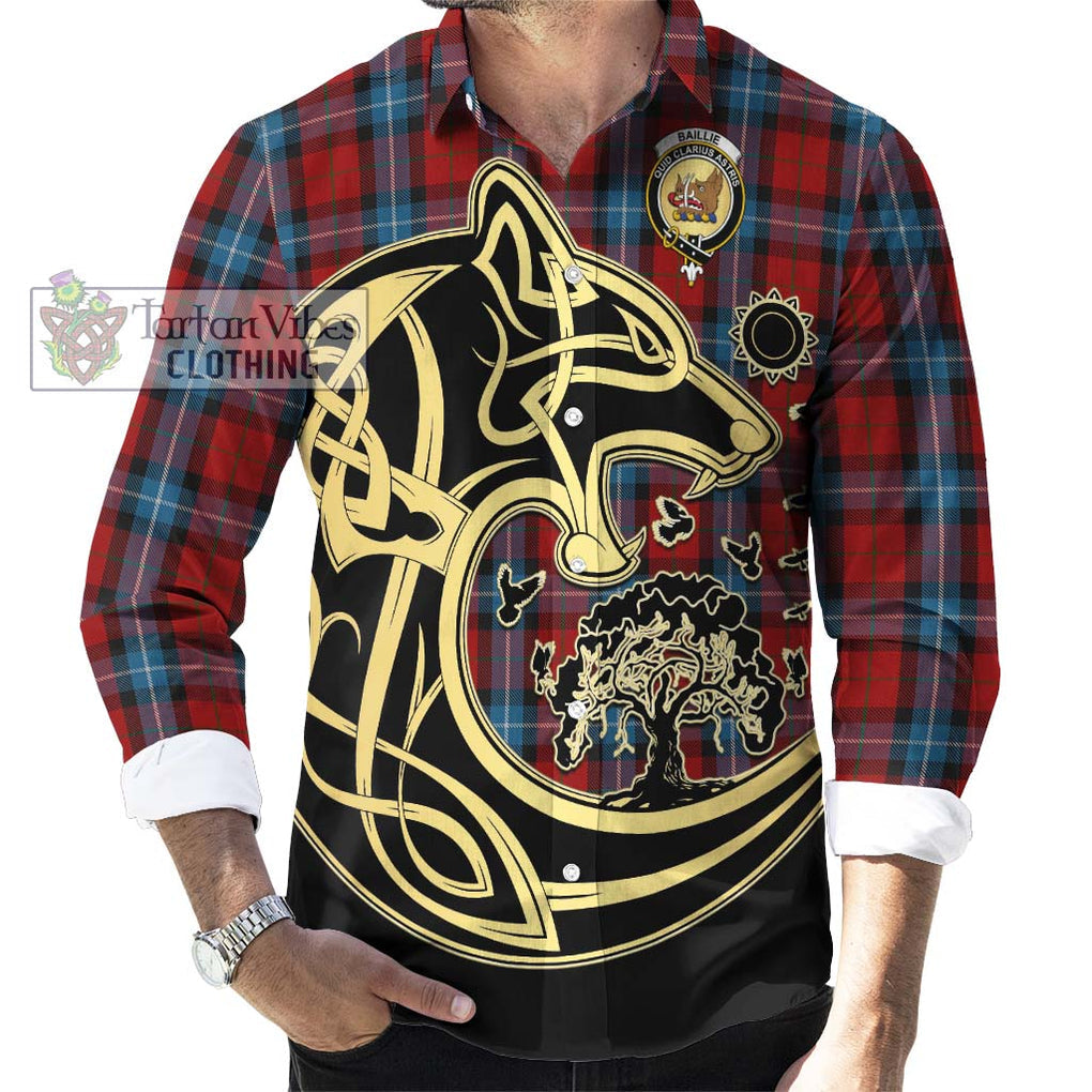 Baillie of Polkemmet Red Tartan Long Sleeve Button Shirt with Family Crest Celtic Wolf Style - Tartan Vibes Clothing