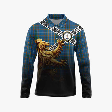 Bain Crest Tartan Long Sleeve Polo Shirt with Golden Lion Emblem Celtic Style Unisex - Tartan Vibes Clothing
