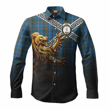 Bain Crest Tartan Long Sleeve Button Shirt with Golden Lion Emblem Celtic Style Men's Shirt S - Tartan Vibes Clothing