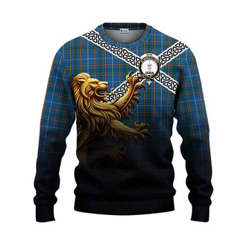 Bain Crest Tartan Knitted Sweater with Golden Lion Emblem Celtic Style Unisex - Tartan Vibes Clothing