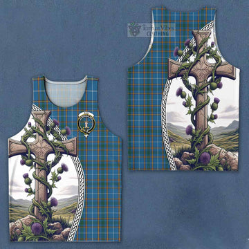 Bain Tartan Men's Tank Top with Family Crest and St. Andrew's Cross Accented by Thistle Vines Men - Tartan Vibes Clothing