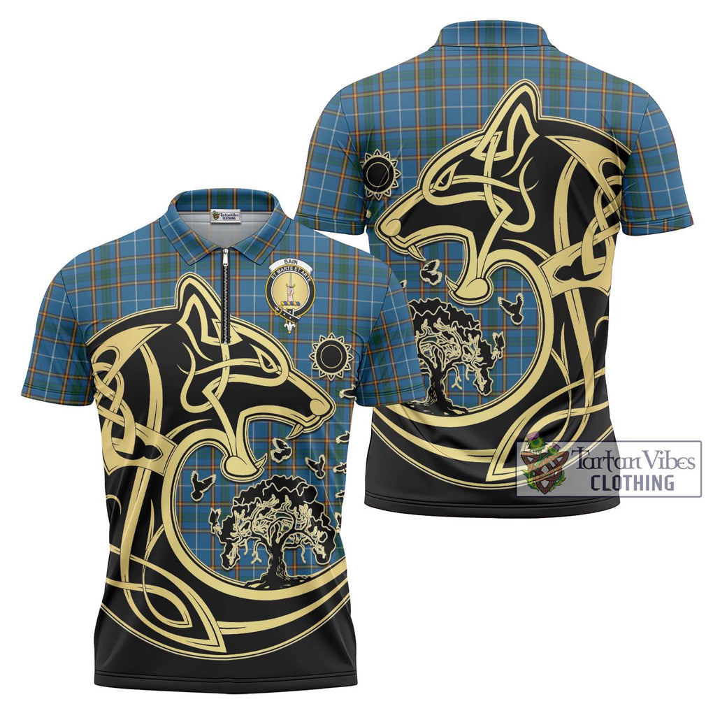 Bain Tartan Zipper Polo Shirt with Family Crest Celtic Wolf Style Unisex - Tartan Vibes Clothing