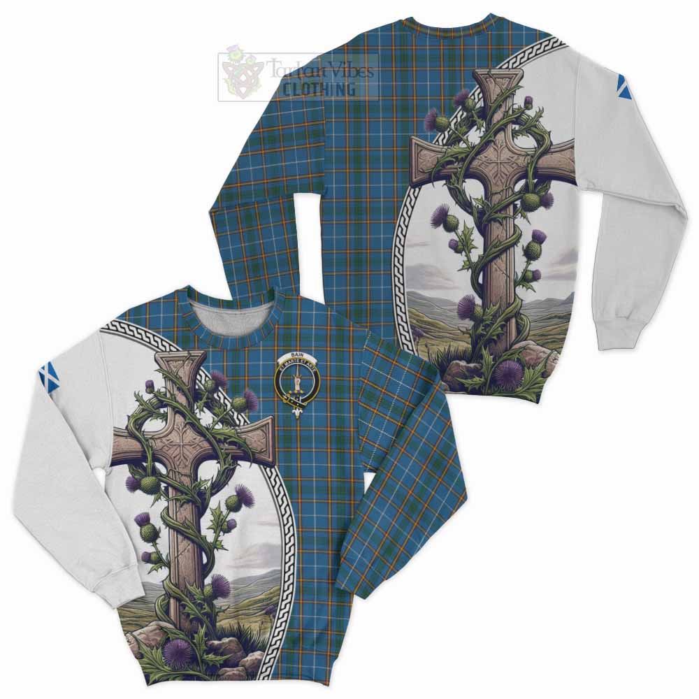 Bain Tartan Sweatshirt with Family Crest and St. Andrew's Cross Accented by Thistle Vines Unisex - Tartan Vibes Clothing