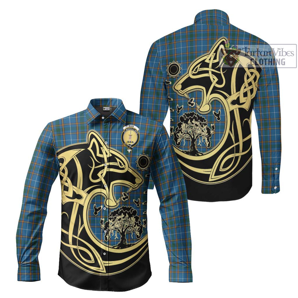 Bain Tartan Long Sleeve Button Shirt with Family Crest Celtic Wolf Style Men's Shirt S - Tartan Vibes Clothing