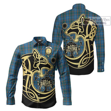 Bain Tartan Long Sleeve Button Shirt with Family Crest Celtic Wolf Style Men's Shirt S - Tartan Vibes Clothing