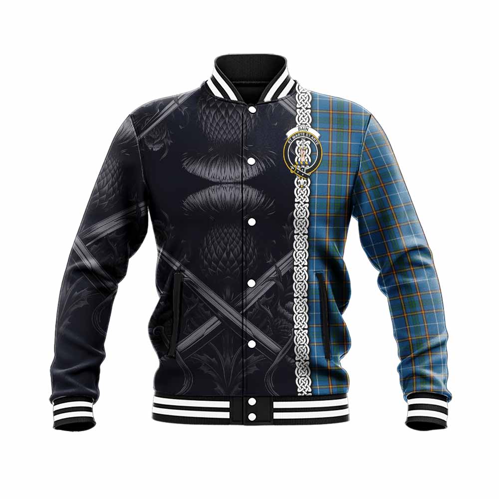 Bain Tartan Baseball Jacket with Family Crest Cross Sword Thistle Celtic Vibes Unisex - Tartan Vibes Clothing