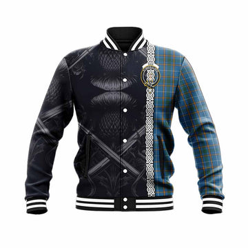 Bain Tartan Baseball Jacket with Family Crest Cross Sword Thistle Celtic Vibes Unisex - Tartan Vibes Clothing