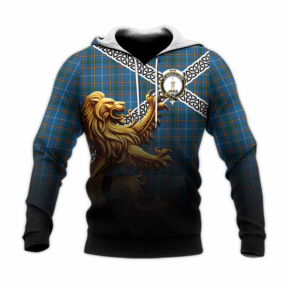 Bain Crest Tartan Knitted Hoodie with Golden Lion Emblem Celtic Style Unisex Knitted Pullover Hoodie - Tartan Vibes Clothing