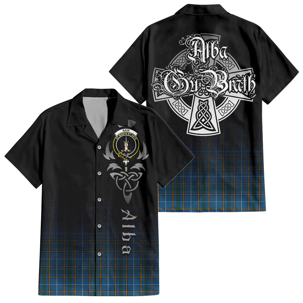 Tartan Vibes Clothing Bain Tartan Short Sleeve Button Up Featuring Alba Gu Brath Family Crest Celtic Inspired