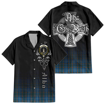 Tartan Vibes Clothing Bain Tartan Short Sleeve Button Up Featuring Alba Gu Brath Family Crest Celtic Inspired